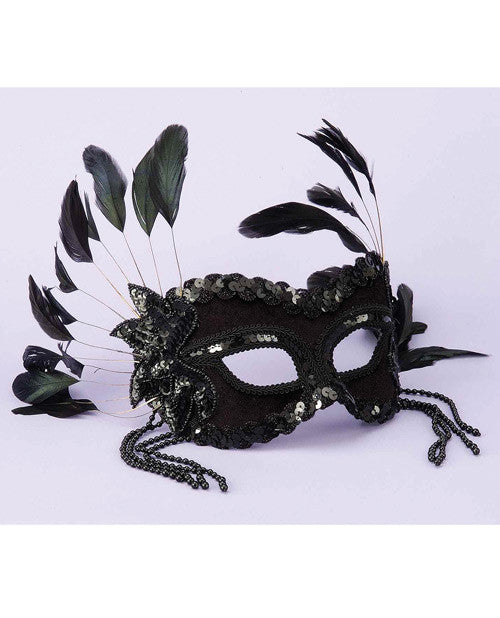 Karneval 1/2 Mask - Feathers & Beads Black