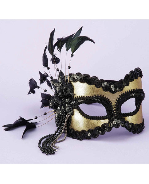Karneval Half Mask w/Feathers &amp; Beads - Black/Gold