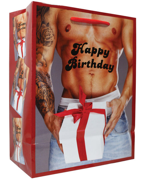 Happy Birthday Man Holding Gift Box w/Red Bow Gift Bag