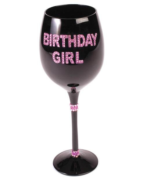 Birthday Girl Wine Glass w/Pink Stones - Black