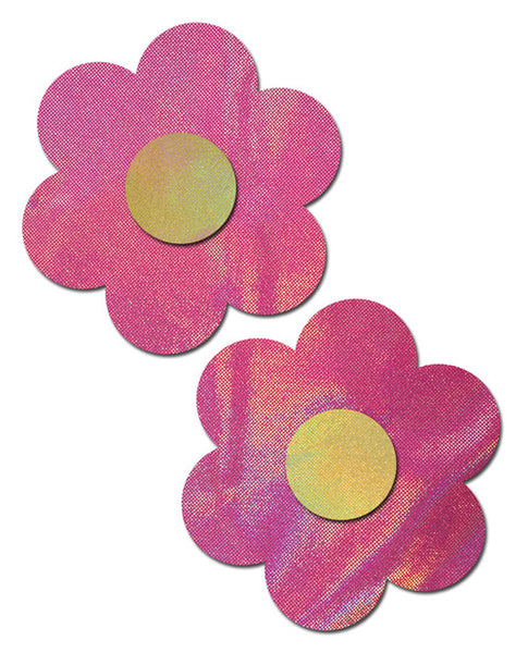 Holographic Bubblegum Pink Flower with Yellow Center Nipple Pasties