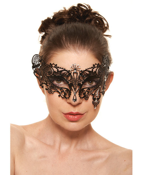 Kayso Laser Cut Masquerade Mask w/Clear Rhinestones #6 - Black
