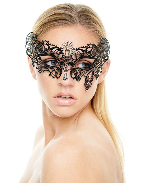 Kayso Laser Cut Masquerade Mask w/Pink Rhinestones - Black