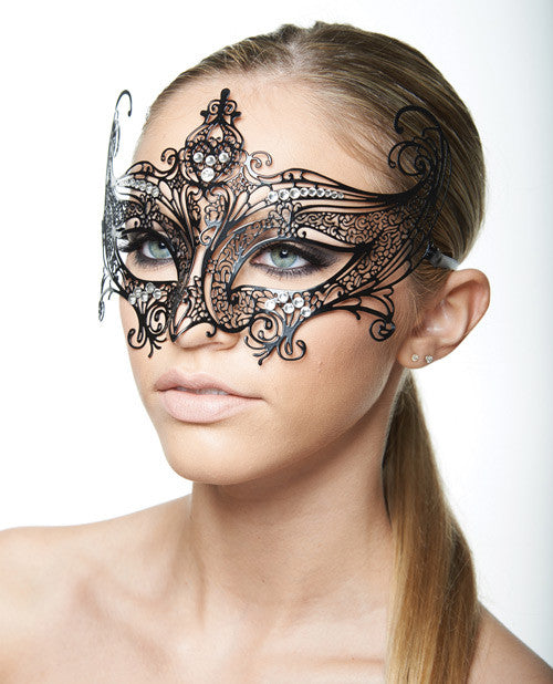 Kayso Laser Cut Masquerade Mask w/Clear Rhinestones #2 - Black