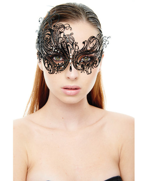 Kayso Laser Cut Masquerade Mask w/Clear Rhinestones #1 - Black