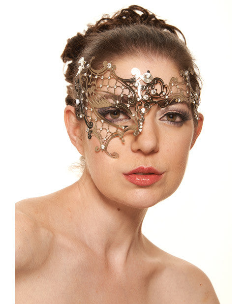 Kayso Laser Cut Masquerade Half Mask w/Clear Rhinestones #K7 - Silver